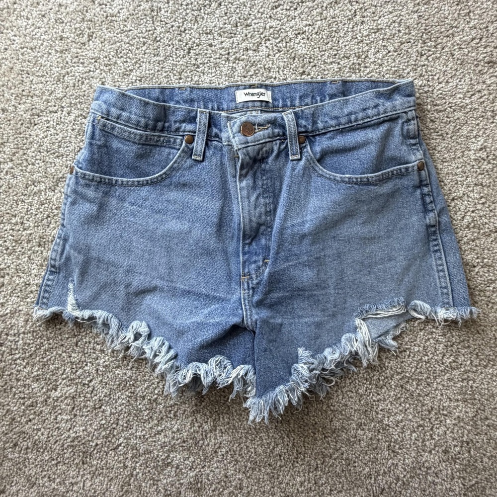 Wrangler Denim Shorts Womens 30 Blue Medium Wash Cutoff Fringe Bermuda Summer